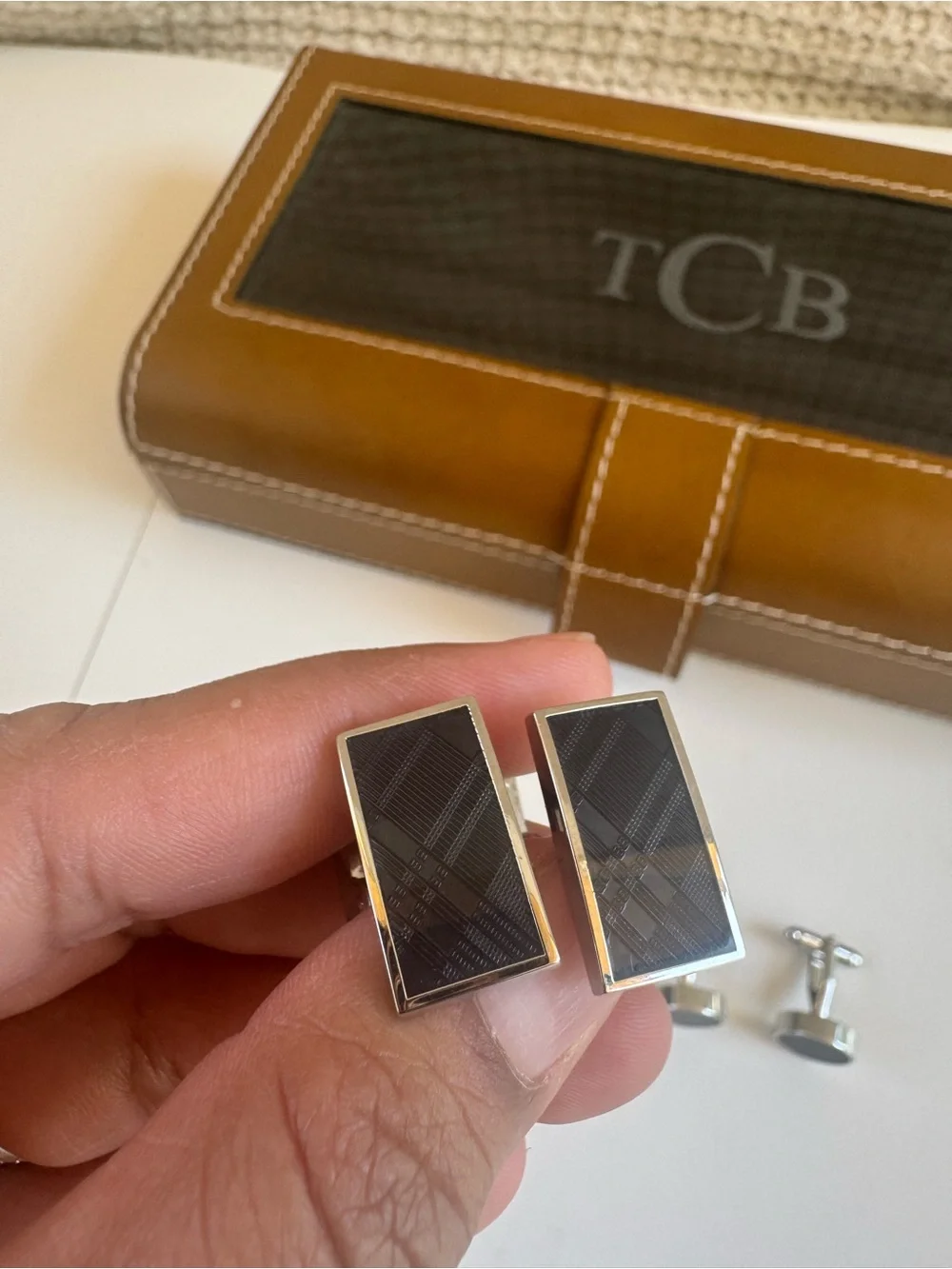 TCB Brown and Black Leather Cufflink Case with Silver-Tone Cufflinks